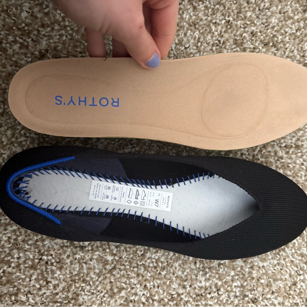 Rothy's The Daily Flat Black Knit Ballet Flats with Blue Heel Trim - Picture 9 of 11